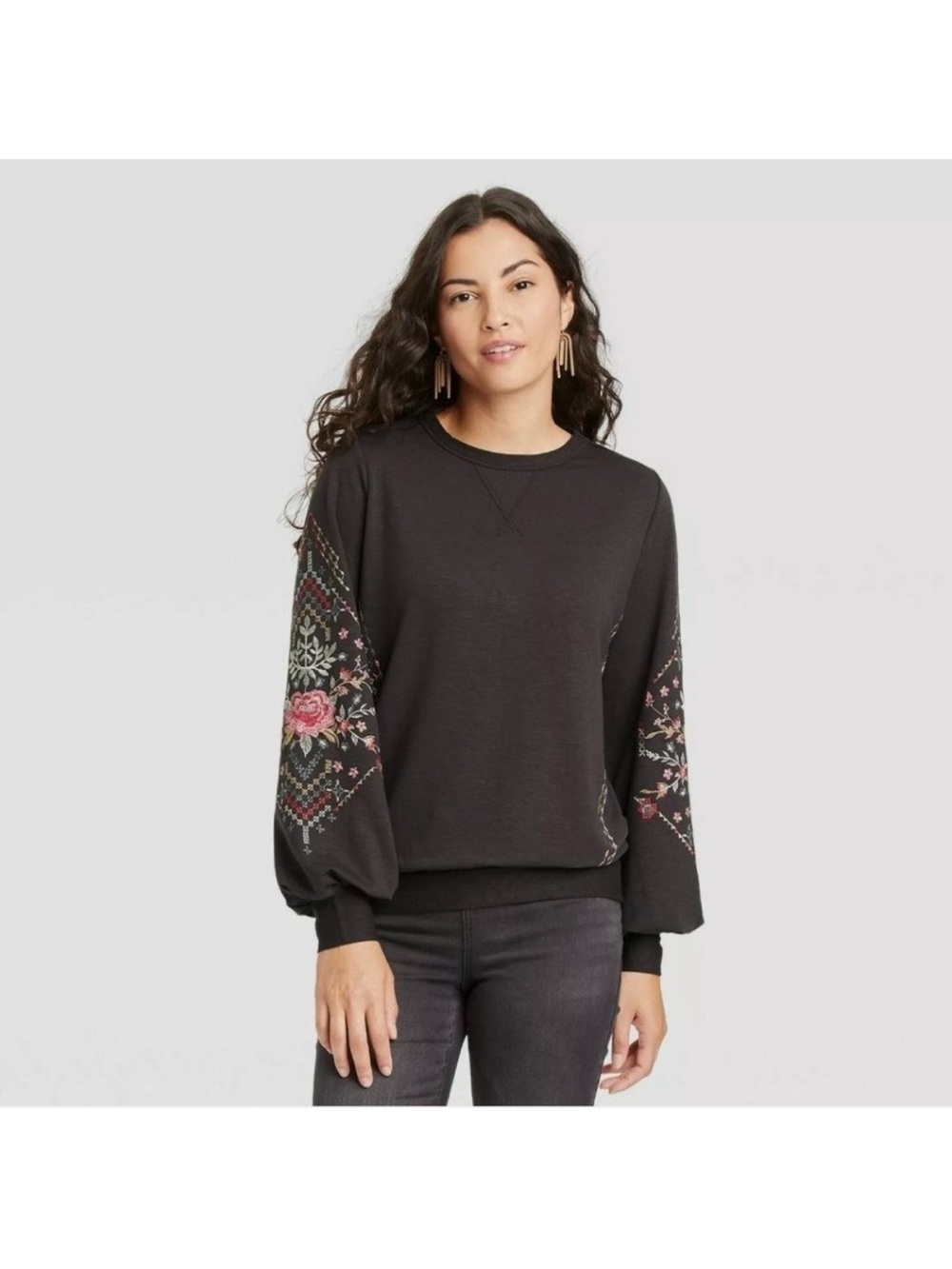 Knox Rose Gray Brown Floral-Embroidered Balloon Sleeve Sweatshirt Boho Feminine